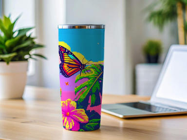 Pixel art of a butterfly alighting on a leaf on a reusable to-go coffee mug.