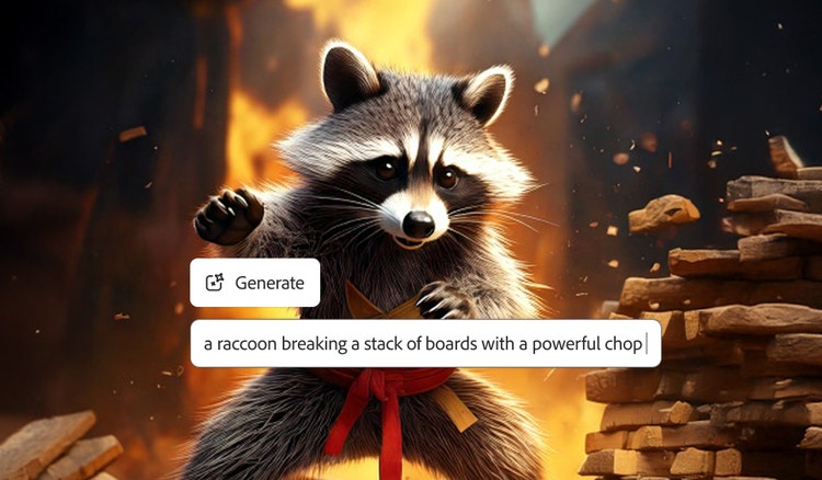 An AI-generated racoon breaks a stack of boards with a powerful chop based on a creative text prompt in the AI character generator.