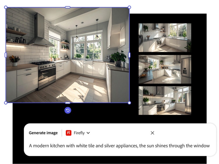 Four images of a kitchen with an overlay of the Firefly prompt bar and the prompt "A modern kitchen with white tile and silver appliances, the sun shines through the window."