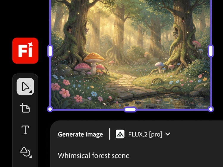 UI for the Firefly Generate Image app, with FLUX.2 [pro] clearly visible as the model in use. The prompt reads "Whimsical forest scene" and the image shows a sunlit forest out of a fairytale.