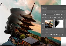 An example of a composite image. An image of a person and an image of a village have been combined.