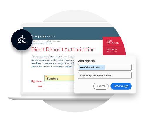 a laptop displaying a direct deposit authorisation with an online signature field and a pop-up window to add signers
