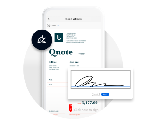 a smartphone displaying a project estimate quote with a pop-up window for an online signature