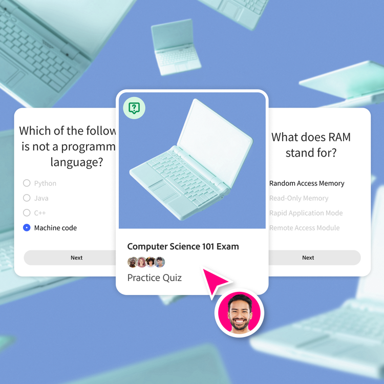 Laptop illustration on a blue background is framed on the cover of a practice quiz. Question cards on the subject appear to its left and right.