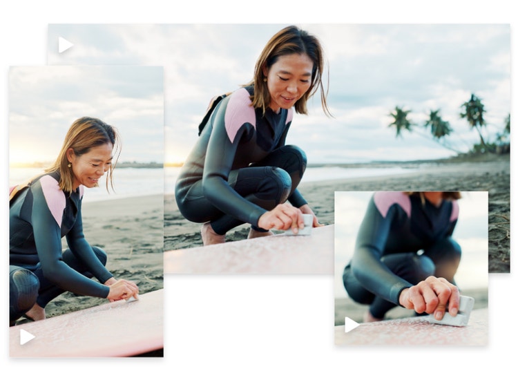3 images of surfer women side by side in front of the ocean