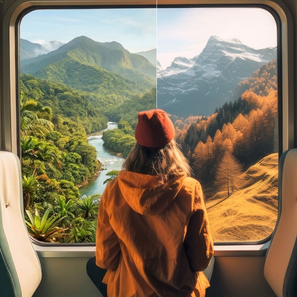 Photo of a woman looking out of a window with a split view of jungle landscape and autumnal mountain landscape
