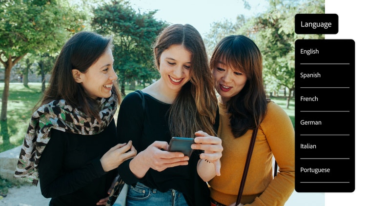 Three travellers with smartphone using audio translator with language selection menu to choose how to translate audio in real time