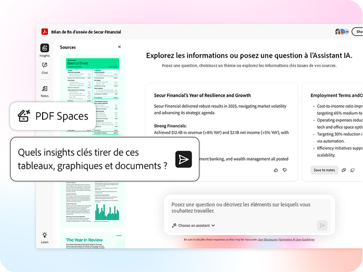 PDF Space optimisé par l‘IA avec une demande d’insights clés dans une bulle de discussion