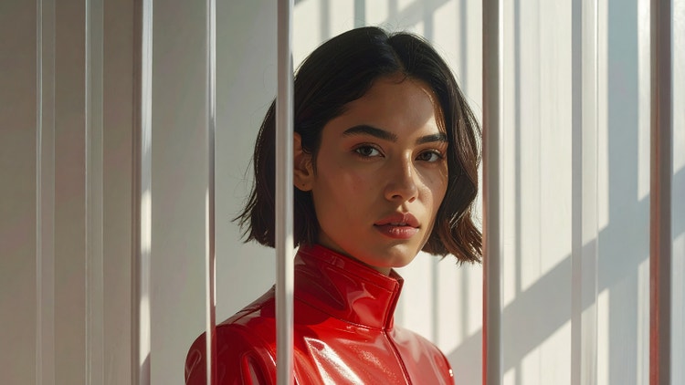 Portrait de mode photoréaliste généré par IA d’une jeune femme vêtue d’une combinaison en cuir rouge brillant, se tenant derrière une fenêtre semi-opaque aux rayures verticales. Une lumière directionnelle douce crée des ombres subtiles et des reflets sur son visage et sur la vitre.