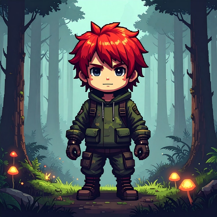Personnage de jeu vidéo en pixel art généré par IA avec des cheveux roux et une tenue d’extérieur, debout dans une forêt brumeuse semée de champignons lumineux