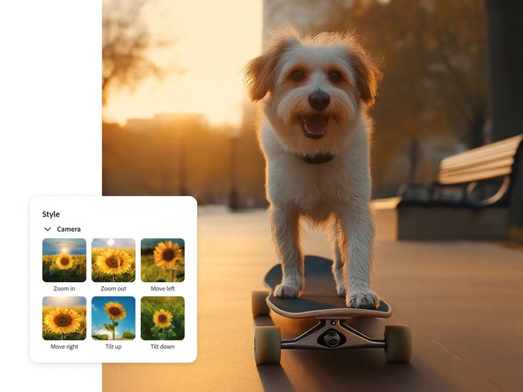 Chien faisant du skateboard face caméra, avec en incrustation des options de style de mouvement de caméra et de zoom Firefly