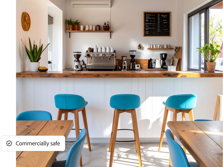 Image générée par l’IA d’un café aux murs blancs et aux chaises bleues, avec le texte « Adapté à un usage commercial » en incrustation