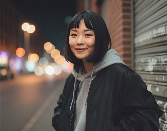 Image générée par l’IA d’une jeune femme au look décontracté, dans une rue en ville devant un mur de briques et un rideau métallique, avec un éclairage bokeh