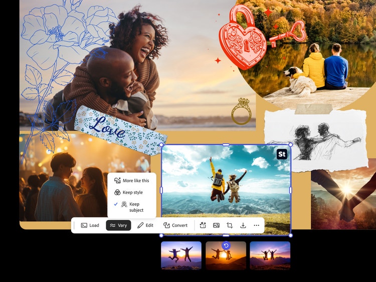 Tableau de visualisation comportant des photos de couples qui s’enlacent et qui dansent ou encore d’un couple accompagné d’un chien, ainsi que des illustrations représentant une bague de fiançailles et un cadenas en forme de cœur avec sa clé