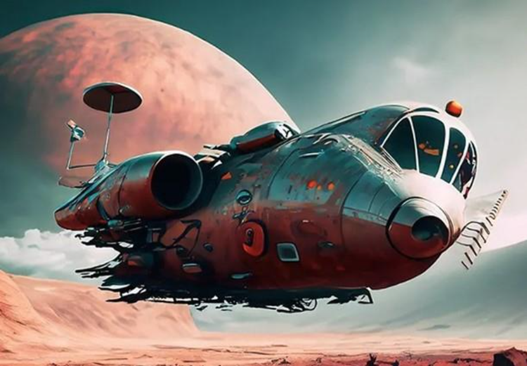 Image générée à partir d’un prompt représentant un dirigeable rétro-futuriste planant au-dessus d’un paysage désertique rouge et sous une grande lune rose