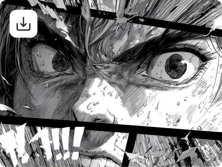 Image générée par l’IA d’un visage de style manga en gros plan, le bouton de téléchargement en incrustation