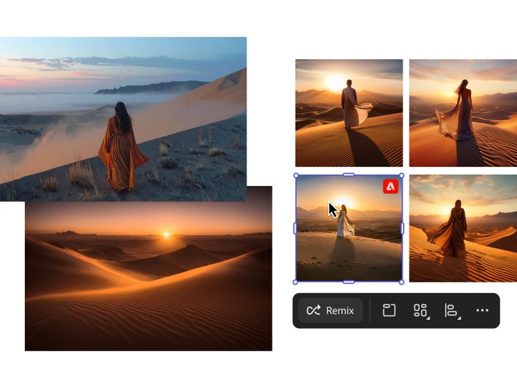 Ensemble d’images d’une femme seule sur des dunes de sable dans le désert, illustrant comment l’IA de Firefly permet d’assurer la cohérence visuelle d’un projet en harmonisant l’éclairage, le style des personnages et les éléments d’arrière-plan entre différents panneaux