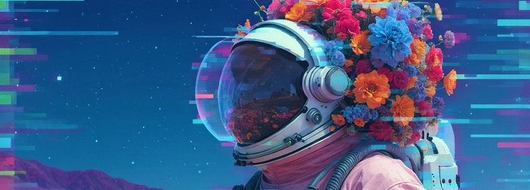 Image de style glitch graphique d’une personne portant un casque d’astronaute orné d’une couronne de fleurs colorées, se détachant sur un fond bleu vif