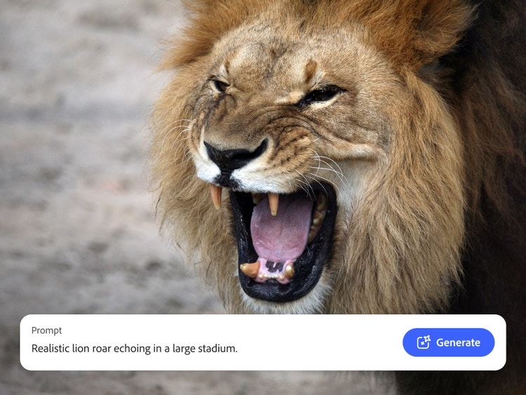 Photo d’un lion qui rugit, avec l’interface de Firefly affichant un prompt destiné à créer un effet sonore de rugissement