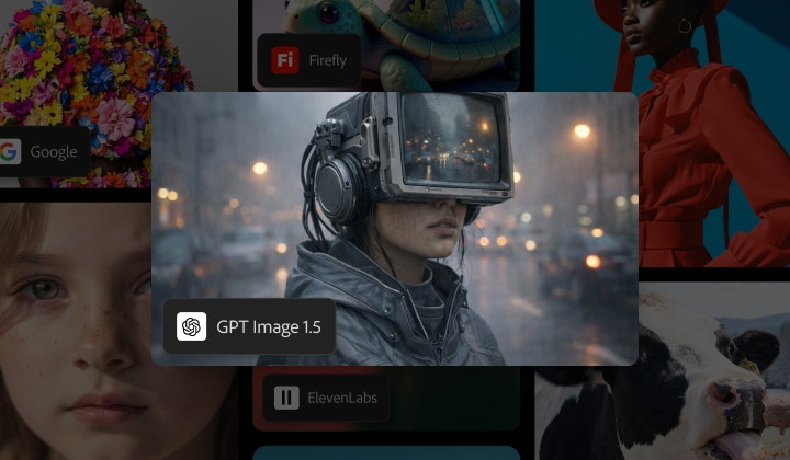 Une personne portant un casque cyberpunk avec écran vidéo dans un environnement urbain grisâtre. Image générée par GPT Image 1.5 dans Firefly.