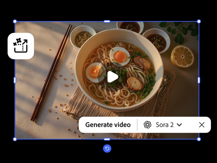 Image extraite d’une vidéo présentant un bol de ramen avec un œuf dur, posé sur une table comportant quelques condiments et des baguettes, avec incrustation de la barre d’outils Générer une vidéo