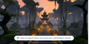 Door AI gegenereerde video van een mistig moeras bij zonsondergang, met een door lantaarns verlicht stenen pad dat over het water naar een traditionele tempel leidt terwijl de camera langzaam naar voren beweegt.