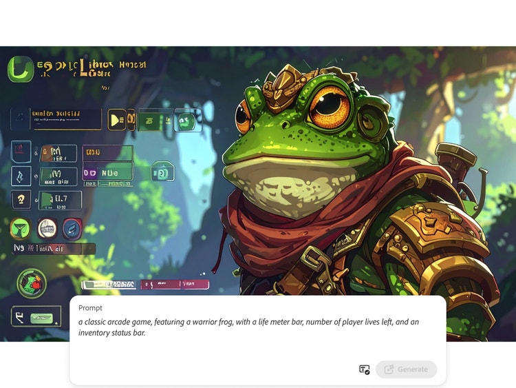 Een door AI gegenereerd scherm voor een klassiek arcadespel met een krijgerkikker laat zien hoe de AI van Firefly de ontwikkeling van games kan versnellen.