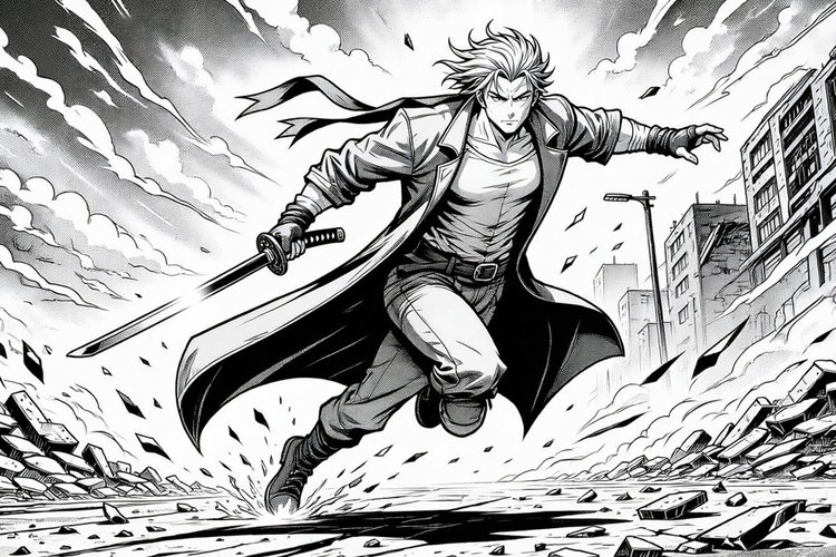 Moderne illustratie in mangastijl van een vastberaden jonge man die met een zwaard in zijn hand door een met puin bezaaide stadsstraat naar voren sprint. De zwart-witillustratie gebruikt expressieve lijnvoering, dramatische schaduwen, snelheidslijnen en wapperend haar om actie, beweging en intensiteit over te brengen, tegen een achtergrond van beschadigde gebouwen en kolkende wolken.