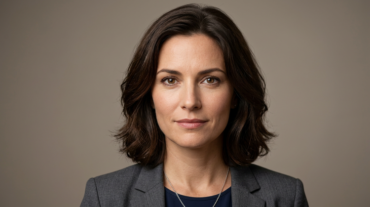 Een fotorealistisch, door AI gegenereerd portret van een fictieve vrouw met donker golvend haar en een grijze blazer, tegen een neutrale studio-achtergrond, gemaakt met Adobe Firefly.