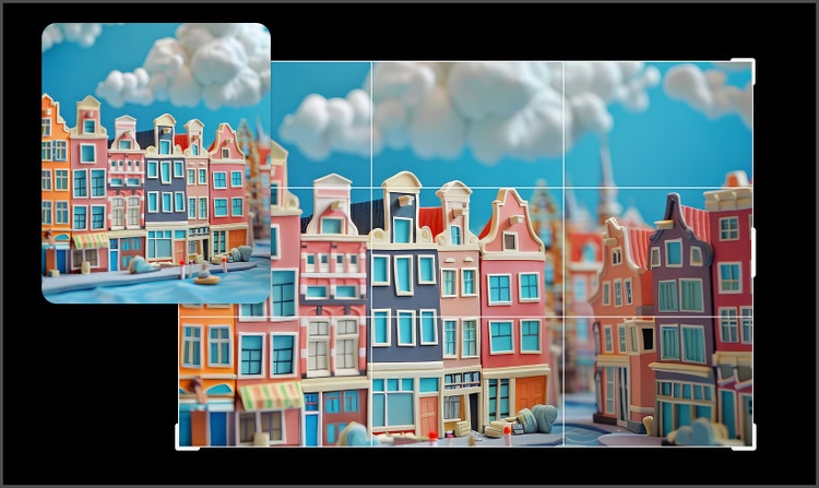 Voor- en na-afbeeldingen die laten zien hoe een verticale scène van Nederlandse herenhuizen met de AI-uitbreidingstool wordt uitgebreid tot een horizontale scène.