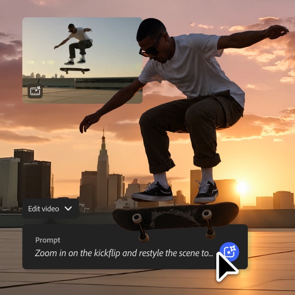 https://main--da-cc--adobecom.aem.page/cc-shared/assets/firefly/video/video-to-video/media_1ef2fad76379c3da89d9e515f64793766b56e1cab.mp4#_autoplay | Een skateboarder voert een kunstje uit op een dak bij zonsondergang terwijl de scène verandert in een dramatisch stadsgezicht tijdens het gouden uur met warmere belichting, rijkere kleuren en een meer filmische sfeer.