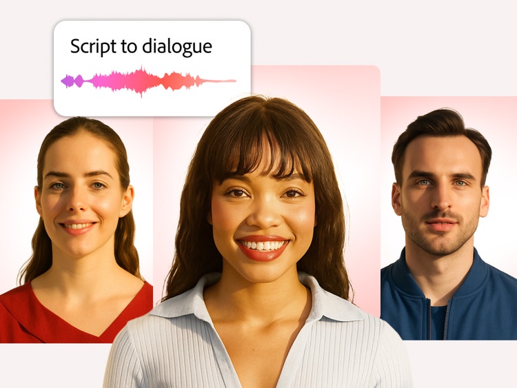 Meerdere, door AI gegenereerde avatars naast elkaar, met een audiogolfvorm voor een script-naar-dialoog-workflow.