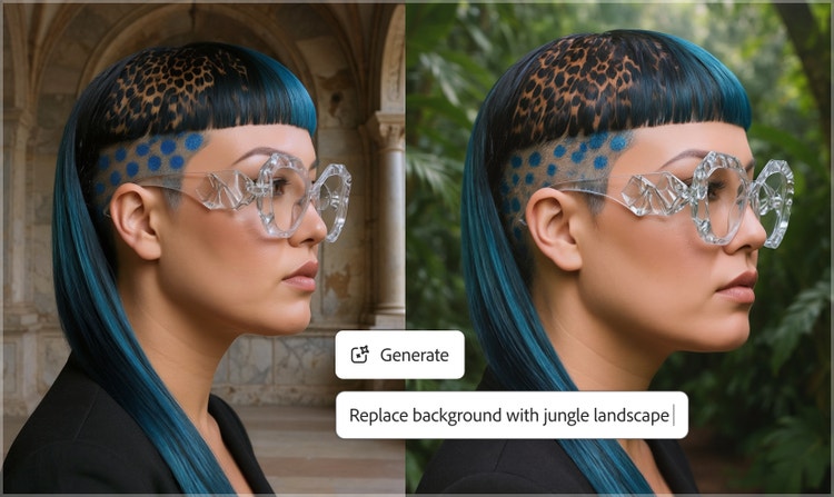 Twee versies van hetzelfde, door AI gegenereerde portret van een vrouw waarbij de achtergrond netjes is bewerkt met de opdracht "Vervang achtergrond door junglelandschap".