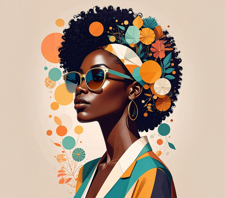 Artistiek portret van een persoon in zijaanzicht, met gelaagde geometrische en bloemmotieven.