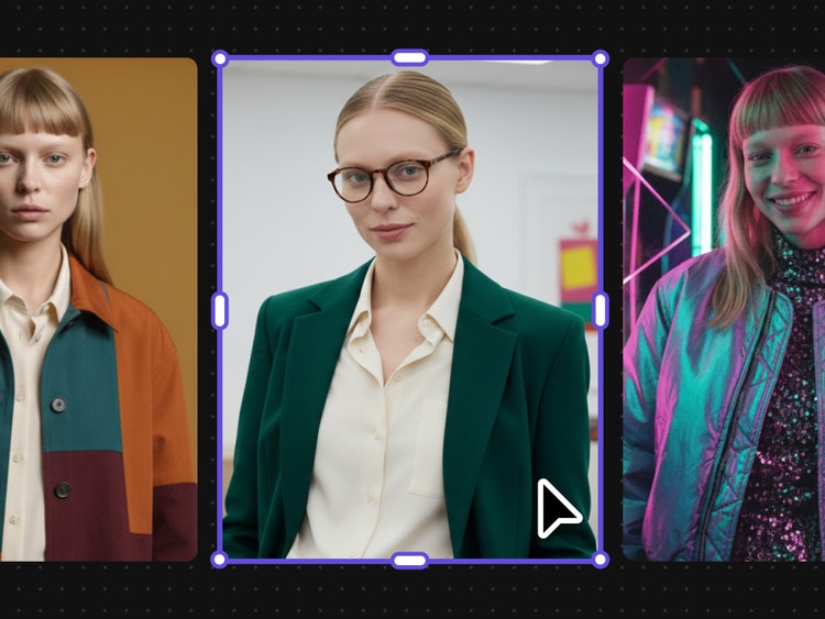 Drie verschillende versies van een portretfoto waarin een vrouw verschillende kleding, haarstijlen en stemmingen toont