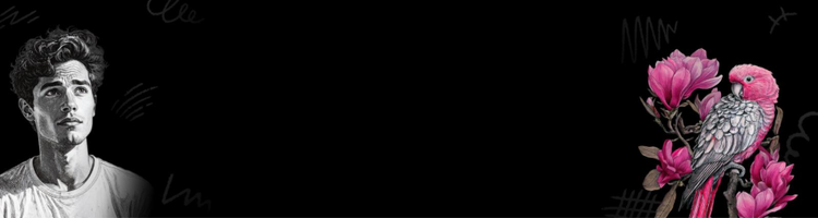 Links een gedetailleerde zwart-witillustratie van een man met kort haar in een T-shirt. Rechts een lijntekening van een vogel op een bloeiende tak in verschillende rozetinten.