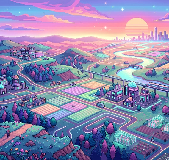 Een pixelillustratie van een landschap met boerderijen, een rivier en een stadshorizon met een kleurrijke zonsondergang in de verte.