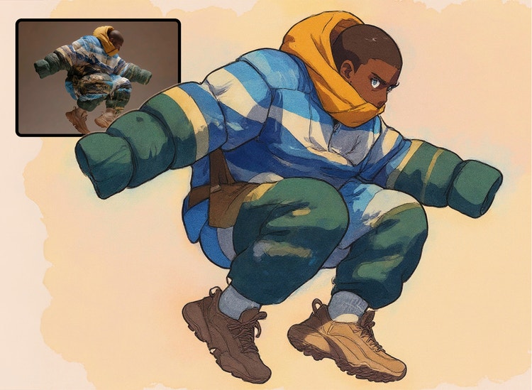 Cartoon van een persoon die met gebogen benen en gestrekte armen in de lucht springt, met daarbij de foto op basis waarvan de cartoon is gegenereerd met Firefly.