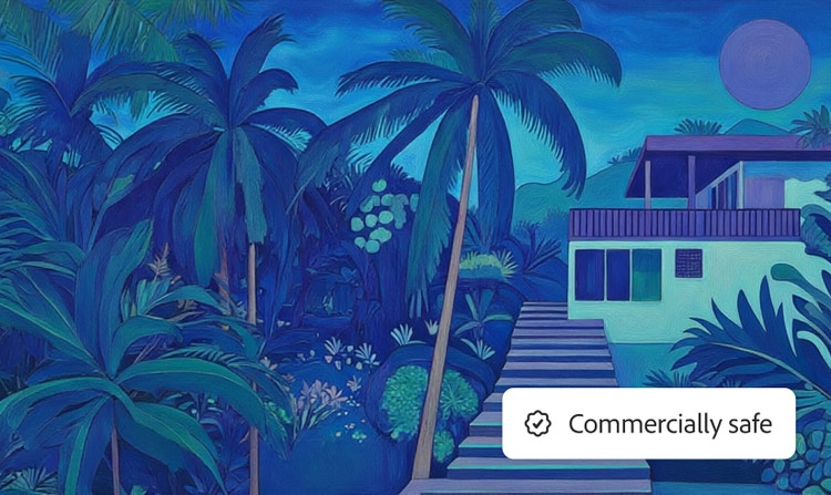 Een huis aan een tropisch strand met palmbomen in turquoise tinten, met daarbij de badge 'Commercieel veilig'.