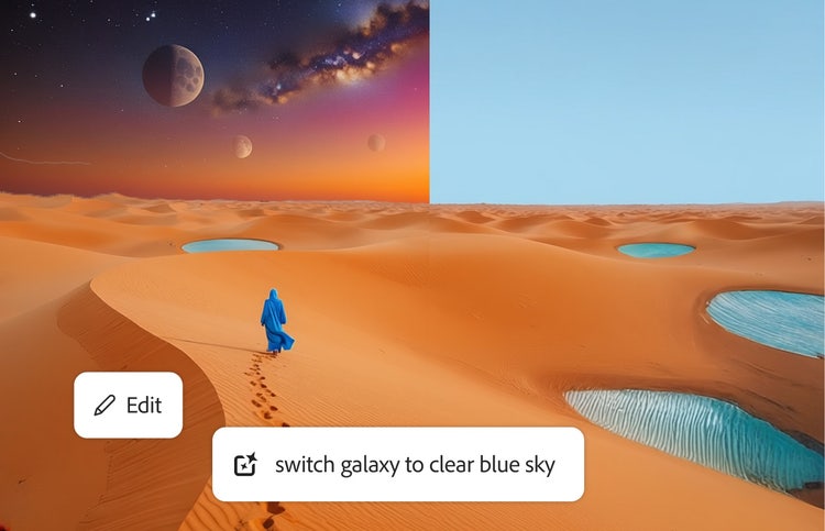 Een fantasierijk woestijnlandschap wordt in Firefly bewerkt om een oranje lucht vol planeten te vervangen door een heldere blauwe lucht.