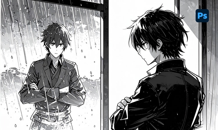 Zwart-witte AI-anime-illustratie van een mannelijk personage dat uit een raam kijkt en in de regen naar binnen kijkt, met daarbij het Photoshop-logo.
