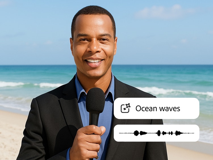Door AI gegenereerde presentator met een microfoon op het strand, met een audiogolfvorm en een overlay van het geluidseffect 'Oceaangolven'.