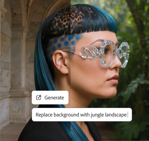 Twee versies van hetzelfde, door AI gegenereerde portret van een vrouw waarbij de achtergrond netjes is bewerkt met de opdracht "Vervang achtergrond door junglelandschap".