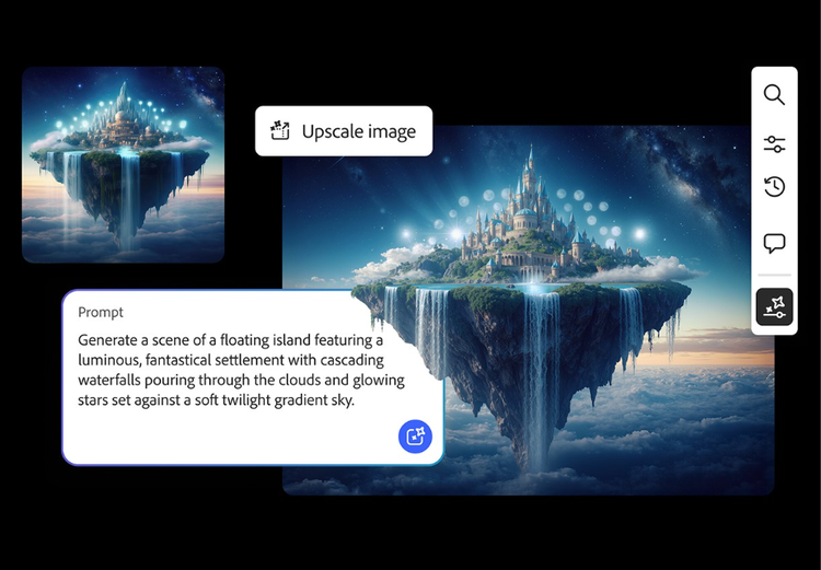 Door AI gegenereerde fantasieafbeelding van een zwevend eiland met een gloeiend kasteel en watervalletjes boven de wolken, getoond in de Adobe Firefly-interface met de optie 'Afbeelding opschalen' en de zichtbare opdracht.