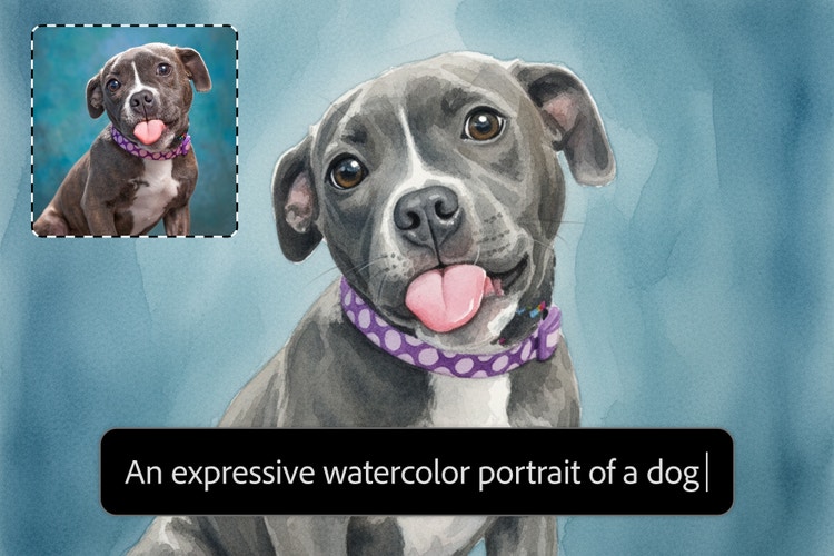 Portret in waterverfstijl van een hond, met daarbij een referentiefoto en de opdracht: "Een expressief waterverfportret van een hond".