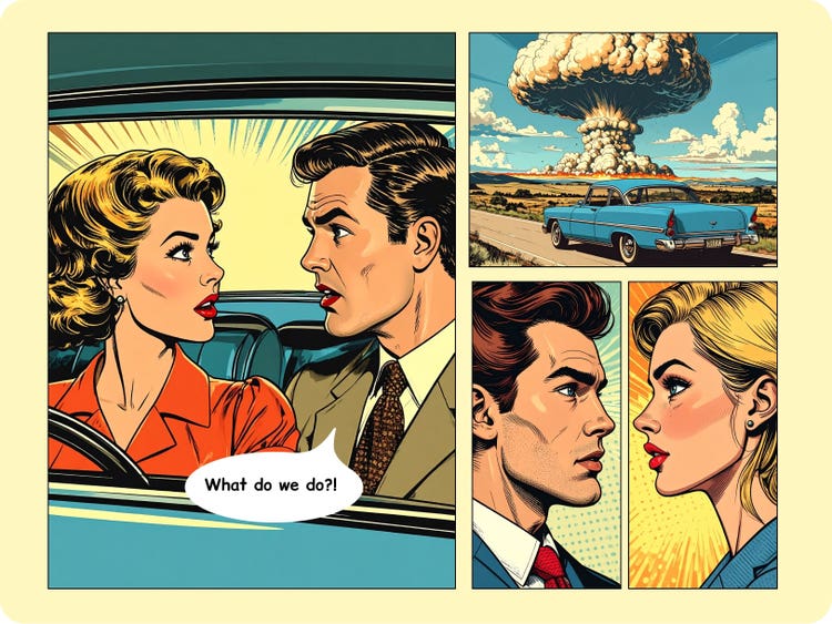 Pagina met plaatjes in een klassieke stripboekstijl van een man en vrouw in retrostijl, gemaakt met de AI-stripgenerator en Firefly Borden.