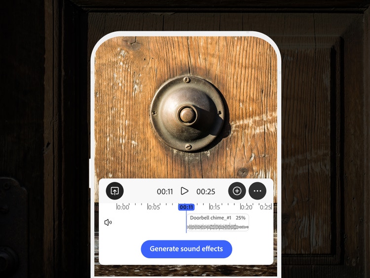 Een afbeelding van een verweerde koperen deurbel op het scherm van een smartphone, met daarbij de mobiele Firefly-interface waarin de tijdlijn van Geluidseffecten genereren wordt weergegeven.