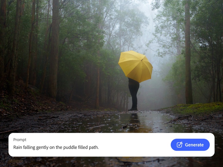Een persoon met een gele paraplu die op een geplaveid pad in het bos staat, met de tekstopdracht voor de AI-geluidsgenerator om realistisch regengeluid te creëren dat bij de scène past.