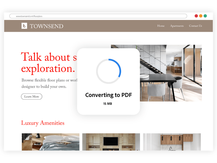 Уеб сайт в браузър с въртящо се колело, което показва преобразуване на HTML в PDF