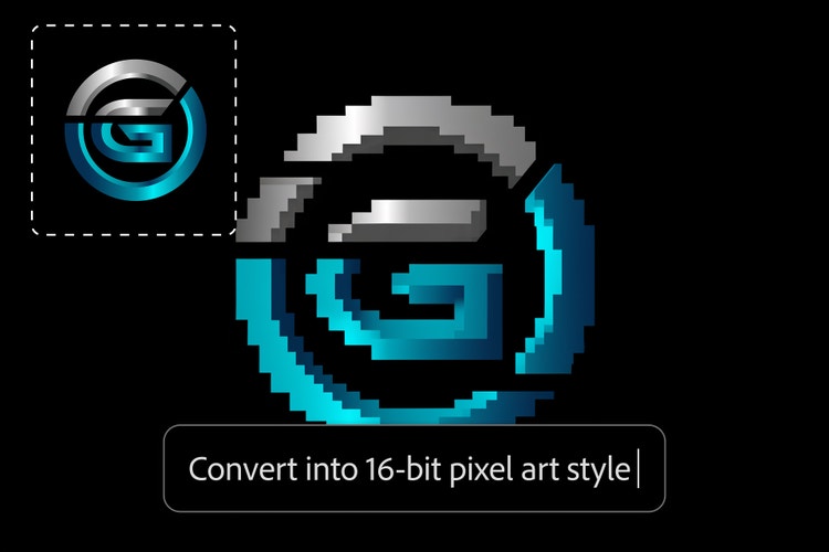 Стилизирана буква G в кръг, приличаща на лого. Подканата гласи „Covert into 16-bit pixel art style.“.